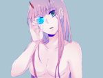  1girl bangs blue_background blue_eyes breasts cleavage collarbone darling_in_the_franxx eyebrows_visible_through_hair green_eyes hair_censor hair_over_breasts head_tilt heterochromia horns long_hair medium_breasts mukkun696 nude open_mouth pink_hair simple_background solo upper_body zero_two_(darling_in_the_franxx) 