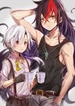  2boys belt black_hair black_shirt blush bow brown_belt collarbone commentary_request cup eyebrows_visible_through_hair fuku_kitsune_(fuku_fox) hair_between_eyes hair_bow hair_ornament hand_in_hair highres holding holding_cup joshua_lerner long_hair looking_at_viewer male_focus multicolored_hair multiple_boys red_eyes red_hair shironeko_project shirt shorts sleeveless sleeveless_shirt suspenders two-tone_hair white_hair white_shirt yellow_bow yellow_eyes yellow_neckwear 