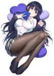  1girl akitsuki_sakuya black_footwear black_hair black_jacket black_legwear blazer blue_eyes blush book braid breasts button_gap collared_shirt comic full_body hair_ornament heart heart_pillow holding holding_book inchara_na_ore_to_ichatsukitai_tte_maji_ka_yo...... jacket large_breasts loafers long_hair long_sleeves looking_at_viewer lying masuishi_kinoto miniskirt mole mole_under_eye neck_ribbon off_shoulder on_back open_clothes open_jacket pantyhose parted_lips pillow pleated_skirt ribbon school_uniform shirt shirt_tucked_in shoes sidelocks simple_background skirt solo striped striped_neckwear white_background white_shirt x_hair_ornament 