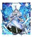  1girl armor artist_name blue_background blue_dress blue_eyes crown dress fur_trim gold_trim lance looking_at_viewer magic_circle official_art polearm royal_robe silver_hair smile snowflakes solo standing sukja sword valkyrie_connect watermark weapon white_footwear 