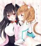  2girls :o animal_ears argyle argyle_background black_hair black_vest blush breasts brown_hair bunny_ears cat_ears cat_girl cat_tail collar commentary_request crop_top crop_top_overhang emia_(castilla) fang flying_sweatdrops groin hair_ornament hand_up heart highres jacket large_breasts long_hair long_sleeves looking_at_viewer midriff multiple_girls off_shoulder open_clothes open_jacket open_mouth original pink_jacket profile purple_eyes red_eyes shirt sitting sleeves_past_wrists stomach striped striped_shirt sweat tail twintails vest white_shirt yuri 