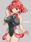  1girl bangs black_swimsuit blush breasts covered_navel earrings enotou_(enotou_moi) gem hair_ornament headpiece homura_(xenoblade_2) jewelry large_breasts looking_at_viewer nintendo one-piece_swimsuit red_eyes red_hair short_hair simple_background smile solo swept_bangs swimsuit tiara white_background xenoblade_(series) xenoblade_2 