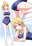  1girl :o ass ayase_eli bangs bare_arms bare_shoulders barefoot blue_background blue_eyes blue_swimsuit blush breasts collarbone crossed_arms eyebrows_visible_through_hair full_body gluteal_fold hair_down halftone halftone_background long_hair looking_at_viewer love_live! love_live!_school_idol_project lying medium_breasts multiple_views on_stomach one-piece_swimsuit parted_lips ponytail sidelocks standing swept_bangs swimsuit thighhighs v-shaped_eyebrows water wet white_legwear yopparai_oni 