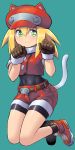  1girl animal_hat belt bike_shorts bike_shorts_under_shorts blonde_hair blue_background blush brown_gloves cabbie_hat cat_hat cat_tail commentary_request covered_navel full_body gloves green_eyes hair_between_eyes hat highres m.m paw_pose red_footwear red_shorts rockman rockman_dash roll_caskett short_sleeves shorts simple_background smile tail 