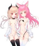  2girls aak absurdres ahoge animal_ear_fluff animal_ears bandaid bandaids_on_nipples bangs bare_shoulders between_legs black_legwear blush breasts collarbone commentary_request commission curled_horns demon_girl demon_horns demon_tail dress_shirt ear_piercing eyebrows_visible_through_hair hair_between_eyes highres horns korean_commentary light_brown_hair long_hair long_sleeves multiple_girls navel off_shoulder open_clothes open_shirt original panties panty_pull pasties piercing pink_hair pointy_ears red_eyes shirt side-tie_panties signature simple_background sleeves_past_wrists small_breasts tail tail_between_legs thighhighs underwear untied untied_panties very_long_hair white_background white_legwear white_panties white_shirt 
