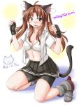  1girl ahoge animal_ears bike_shorts black_eyes black_gloves bra brown_hair cat_ears cat_tail dated fingerless_gloves full_body gloves hair_ribbon kagerou_(kantai_collection) kantai_collection long_hair open_clothes open_shirt paw_pose remodel_(kantai_collection) ribbon shirt short_sleeves shorts shorts_under_skirt solo tail tatsumi_ray twintails twitter_username underwear white_background white_bra white_ribbon white_shirt 