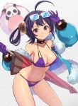  &gt;:) 1girl ahoge arm_up armpits azur_lane ball bangs bare_shoulders beach_umbrella beachball bikini blue-tinted_eyewear blue_coat blush breasts cleavage closed_mouth coat collarbone commentary_request contrapposto cowboy_shot eyewear_on_head fur-trimmed_coat fur_trim gloves gluteal_fold grey_background hair_rings hairpods halterneck highres holding large_breasts leaning_forward long_hair long_sleeves looking_at_viewer navel ning_hai_(azur_lane) official_art open_clothes open_coat panda puffy_long_sleeves puffy_sleeves purple_bikini purple_eyes purple_gloves purple_hair simple_background skindentation smile smug solo standing sunglasses swimsuit umbrella v-shaped_eyebrows white-framed_eyewear yuuko_(elmo) 