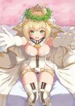  1girl absurdres ahoge b7669726 belt blonde_hair blush breasts bridal_veil chains cleavage commentary_request dress eyebrows_visible_through_hair fate/extra fate/extra_ccc fate/grand_order fate_(series) feet_out_of_frame from_above gloves green_eyes hair_ornament highres large_breasts lock looking_at_viewer medium_breasts nero_claudius_(bride)_(fate) nero_claudius_(fate) nero_claudius_(fate)_(all) padlock sitting smile solo veil white_dress white_gloves zipper 