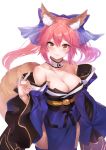  1girl animal_ear_fluff animal_ears bangs bare_shoulders blue_bow blue_kimono blue_legwear blush bow breasts cleavage collarbone commentary_request detached_collar eyeshadow fate/extra fate_(series) fox_ears fox_girl fox_shadow_puppet fox_tail hair_between_eyes hair_bow highres japanese_clothes kimono large_breasts long_hair long_sleeves looking_at_viewer makeup obi off_shoulder parted_lips pink_hair revision sash short_kimono sidelocks simple_background smile solo tail tamamo_(fate)_(all) tamamo_no_mae_(fate) thighhighs thighs twintails white_background wide_sleeves yaguo yellow_eyes 