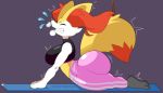  anthro braixen breasts butt exercise female fur looking_at_viewer nintendo orange_fur pok&eacute;mon pok&eacute;mon_(species) push-up short_stack smile solo stick sweat vammzu video_games white_fur yellow_fur yoga_pants 