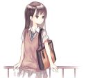  1girl black_hair brown_eyes commentary_request kiran long_hair looking_to_the_side necktie original pleated_skirt short_sleeves skirt solo sweater_vest white_background 