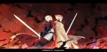  2boys back-to-back black_gloves blonde_hair blue_eyes cape dylan_the_island_king ethan_the_exiled_hero fighting_stance flag gloves hair_over_one_eye holding holding_sword holding_weapon male_focus multiple_boys pixiv_fantasia pixiv_fantasia_last_saga red_cape red_sky sky standing sword weapon white_cape xiao_yeyouxi 