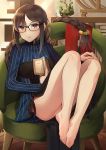  1girl bangs barefoot black-framed_eyewear black_dress blue_dress bonsai book braid breasts brown_eyes brown_hair chair consort_yu_(fate) dress ear_piercing earrings fate/grand_order fate_(series) feet glasses jar jewelry knees_up layered_dress legs long_hair long_sleeves looking_at_viewer low-tied_long_hair multiple_earrings parted_lips piercing plant ribbed_dress single_braid sitting solo strapless strapless_dress turtleneck turtleneck_dress umihotaru_harumare very_long_hair 