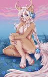  2019 4_toes 5_fingers anthro antlers areola blue_eyes braided_hair breasts canid canine chest_tuft countershade_torso countershading digital_media_(artwork) ear_piercing female flower flower_in_hair fluffy fluffy_tail fur grass hair hi_res holding_leg horn hybrid ketty-leopardess looking_at_viewer mammal nipples nude pawpads paws piercing pink_nose plant pose pussy sitting solo tan_fur toes tuft white_hair 