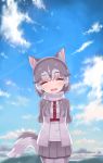  1girl :d ^_^ animal_ear_fluff animal_ears bangs blue_sky blush closed_eyes cloud commentary_request day dog_(kemono_friends) dog_ears dog_girl dog_tail eyebrows_visible_through_hair eyes_closed facing_viewer fur-trimmed_sleeves fur_trim grey_hair grey_skirt gyahu head_tilt highres jacket kemono_friends multicolored_hair open_clothes open_jacket open_mouth outdoors pantyhose pleated_skirt shirt short_sleeves skirt sky smile solo sweater_vest tail two-tone_hair upper_teeth white_hair white_jacket white_legwear white_shirt 