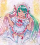  1girl :d bed_sheet blush bow bowtie collarbone corset eyebrows_visible_through_hair floating_hair full_body green_eyes green_hair hair_ribbon hatsune_miku kneeling long_hair looking_at_viewer maid_headdress marker_(medium) mayo_riyo miniskirt off-shoulder_shirt off_shoulder open_mouth pink_skirt red_bow red_neckwear red_ribbon ribbon ribbon-trimmed_shirt shiny shiny_hair shirt skirt smile solo thighhighs traditional_media twintails very_long_hair vocaloid white_legwear white_shirt zettai_ryouiki 