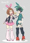  1boy 1girl :o adapted_costume animal_ears blush blush_stickers boku_no_hero_academia boots bow bowtie breasts brown_eyes brown_hair bunny_boy bunny_ears bunny_girl bunny_tail cleavage english_text fake_animal_ears fake_tail freckles glass green_eyes green_hair high_heel_boots high_heels knee_boots looking_back midoriya_izuku nightcat shoes shorts skirt sneakers striped striped_background tail tray uraraka_ochako 