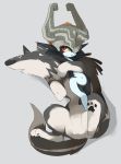  1boy 1girl animal anus chillarism eyes_closed grey_background highres link link_(wolf) midna nintendo pointy_ears red_eyes simple_background sleeping tail the_legend_of_zelda the_legend_of_zelda:_twilight_princess wolf yellow_sclera 