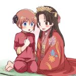  2girls :d bangs black_hair blue_eyes blunt_bangs blush brown_eyes bun_cover chinese_clothes commentary_request double_bun eyebrows_visible_through_hair gintama hair_between_eyes hair_ornament hand_on_own_chest haori japanese_clothes kagura_(gintama) kimono long_hair multiple_girls obi open_mouth orange_hair sash seiza short_hair simple_background sitting smile suika_soda tokugawa_soyo 