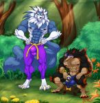  2019 4_toes 5_fingers abs anthro biceps black_hair black_nose black_skin blue_eyes blue_fur blue_hair blue_skin brown_nose brown_skin bulge canid canine canis capcom claws clothed clothing crouching darkstalkers duo eyebrows forest fur gloves_(marking) glowing glowing_eyes hair hands_on_hips hungothenomster james_auvereign jon_talbain male mammal markings multicolored_fur multicolored_hair multicolored_skin muscular muscular_male muscular_thighs pawpads pecs sharp_teeth smile socks_(marking) standing teeth tight_clothing toes topless tree two_tone_fur two_tone_hair two_tone_skin underwear video_games were werecanid werecanine werewolf white_fur white_hair white_skin wolf 