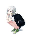  1girl absurdres backpack backpack_removed bag blush bow braid chin_hold eyebrows_visible_through_hair hair_bow headphones highres lips looking_at_viewer multicolored_hair purple_eyes sakuragi_ren shirt shoes short_hair short_sleeves shorts silver_hair simple_background smile solo squatting t-shirt teeth virtual_youtuber white_background yuni_(yuni_channel) yuni_channel 