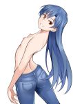  1girl blue_hair brown_eyes denim eyebrows_visible_through_hair flat_chest idolmaster idolmaster_(classic) kisaragi_chihaya long_hair looking_back nipples open_mouth simple_background solo takano_(sora) topless very_long_hair white_background 