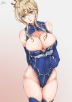  1girl ahoge areola_slip areolae artoria_pendragon_(all) artoria_pendragon_(lancer) bangs blue_gloves blue_legwear blue_leotard braid breasts cleavage cleavage_cutout covered_navel cowboy_shot crown elbow_gloves fate/grand_order fate_(series) french_braid gloves green_eyes grey_background hair_between_eyes highleg highleg_leotard highres kizuchi_r large_breasts leotard looking_at_viewer medium_hair sidelocks simple_background solo swept_bangs thighhighs 