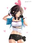  1girl a.i._channel absurdres belt black_hair black_shorts blue_eyes blue_jacket breasts cleavage collarbone cowboy_shot cutout eyebrows_visible_through_hair headphones headphones_around_neck heart highlights highres jacket kizuna_ai looking_at_viewer medium_breasts midriff multicolored_hair navel nekobell open_clothes open_jacket pink_hair shirt short_hair short_shorts short_sleeves shorts simple_background solo standing stomach strapless_shirt thigh_gap two-tone_hair virtual_youtuber white_background white_shirt 