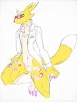  2019 absurd_res bangs blue_eyes canid canine cheek_fur chest_tuft claws concern digimon digimon_(species) doc_rena/doctor_renamon eyewear fan_character floof fluffy fox fur glasses harpseal hi_res kneeling lab_coat long_ears looking_at_viewer mammal multicolored_fur navel neck_fur neon_lights pubes purple_fur renamon seductive snout spiky_hair stare toe_claws tuft two_tone_fur wide_hips wrap_around_sunglasses yellow_fur 