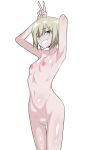  1girl absurdres armpits blonde_hair blue_eyes blush breasts cleft_of_venus erica_hartmann grin highres looking_at_viewer minami_(y-r-h998d) nipples nude pussy short_hair simple_background small_breasts smile solo strike_witches v white_background world_witches_series 