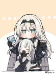  ... 2girls ak-12_(girls_frontline) an-94_(girls_frontline) baby babywearing bangs black_gloves black_ribbon blue_eyes blush braid brown_background eyebrows_visible_through_hair eyes_closed floppy_disk girls_frontline gloves grey_jacket hair_between_eyes hair_ribbon headpiece holding jacket light_brown_hair long_hair multiple_girls pacifier ponytail ribbon silver_hair tsuka twitter_username two-tone_background very_long_hair white_background younger 