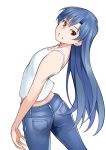  1girl blue_hair brown_eyes denim eyebrows_visible_through_hair flat_chest idolmaster idolmaster_(classic) jeans kisaragi_chihaya long_hair looking_back nipples open_mouth pants shirt simple_background sleeveless sleeveless_shirt solo takano_(sora) very_long_hair white_background 