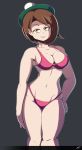  1girl belly beret bikini breasts brown_eyes brown_hair creatures_(company) eyebrows female_protagonist_(pokemon_swsh) game_freak hat highres matching_hair/eyes nintendo pokemon pokemon_swsh short_hair simple_background smile solo stomach swimsuit toned 
