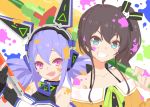  2girls absurdres ahoge bare_shoulders black_ribbon blue_eyes blue_hair blush blush_stickers brown_hair collarbone commentary detached_sleeves fang gloves grin hair_between_eyes hair_ornament hair_ribbon headphones highres holding holding_weapon hololive ink_on_face iriam izumi_sai long_hair looking_at_viewer multiple_girls natsuiro_matsuri no_lineart open_mouth orange_shirt partly_fingerless_gloves red_eyes ribbon shirt short_hair side_ponytail smile splatoon_(series) strap teeth tsumugi_nia twintails upper_body virtual_youtuber weapon 