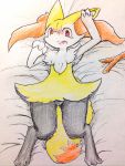 3_toes ambiguous_gender bedding black_fur blush braixen colored_pencil_(artwork) dipstick_tail eiroru featureless_crotch fluffy fluffy_tail fur hi_res looking_at_viewer multicolored_tail nintendo open_mouth orange_fur orange_nose pok&eacute;mon pok&eacute;mon_(species) red_eyes shy sketch snout solo stick tears toes tongue traditional_media_(artwork) video_games white_fur yellow_fur 