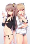  2girls :3 :d alternate_costume bangs bikini bikini_under_clothes black_bikini black_ribbon black_shirt blush breasts brown_hair cleavage closed_mouth collared_shirt cowboy_shot fang flat_chest front-tie_top girls_frontline gradient gradient_background highres jacket long_hair long_sleeves looking_at_viewer medium_breasts multiple_girls narynn navel one_side_up open_clothes open_jacket open_mouth partially_unzipped pink_eyes ribbon scar scar_across_eye shirt side-tie_bikini smile stomach strap_gap string_bikini striped striped_bikini swimsuit tied_shirt twitter_username ump45_(girls_frontline) ump9_(girls_frontline) underboob white_background white_jacket wing_collar wrist_ribbon wristband yellow_eyes zipper_pull_tab 