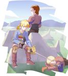  06erunium argath_thadalfus armor blonde_hair boots brown_hair commentary_request delita_heiral final_fantasy final_fantasy_tactics gloves male_focus multiple_boys ponytail ramza_beoulve sword weapon 