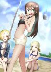  ! 3girls beach bikini bikini_skirt black_bikini_top black_jacket blonde_hair blue_bikini blurry blurry_background breasts brown_hair character_request cloud day earrings eyebrows_visible_through_hair fishing_rod green_eyes hair_over_one_eye highres hood hood_down hooded_jacket idolmaster idolmaster_cinderella_girls jacket jewelry kinpun_(fgxdw447) leg_hug long_hair multiple_girls open_clothes open_jacket open_mouth outdoors shibuya_rin shiny shiny_hair shirasaka_koume short_hair short_shorts shorts sideboob sitting striped_bikini_top sunlight swimsuit very_long_hair walking white_shorts 