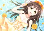  1girl breasts bridal_veil brown_hair cleavage collarbone corset dress flower from_above fushamemo green_eyes hair_flower hair_ornament head_wreath himekawa_yuki idolmaster idolmaster_cinderella_girls jewelry layered_dress long_hair looking_at_viewer lying medium_breasts necklace on_back orange_flower orange_rose petals rose sleeveless sleeveless_dress solo strapless strapless_dress veil very_long_hair water yellow_dress yellow_flower yellow_rose 