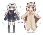  1girl an-94_(girls_frontline) animal_costume animal_ears animal_hood bangs barefoot black_footwear black_legwear blue_eyes blush character_name chibi closed_mouth eyebrows_visible_through_hair fake_animal_ears girls_frontline grey_jacket grey_shorts hair_between_eyes headpiece hood hood_up jacket jitome kneehighs long_hair long_sleeves looking_at_viewer multiple_views outstretched_arms puffy_long_sleeves puffy_sleeves shadow shoes short_shorts shorts sidelocks silver_hair sleeves_past_wrists squirrel_costume squirrel_ears squirrel_hood standing translation_request tsuka twitter_username very_long_hair white_background 