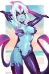  1girl absurdres armpits beach blue_skin breasts contrapposto darkness evelynn facial_mark fiery_hair highres large_breasts league_of_legends multicolored_hair navel sidelocks signature slit_pupils smile solo teeth tentacle velvetqueenh white_hair 
