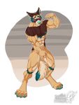  anthro blush canid canine canis covering covering_crotch domestic_dog flexing hi_res male mammal muscular muscular_male nude pecs shy simple_background solo standing vallhund 