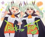  2girls aikatsu! aikatsu!_(series) anchovy bangs bat_hair_ornament black_cape black_ribbon blunt_bangs blush candy cape claw_pose commentary_request cowboy_shot cravat crossover drawing dress_shirt drill_hair english_text eyebrows_visible_through_hair fangs food girls_und_panzer green_eyes green_hair hair_ornament hair_ribbon jack-o&#039;-lantern kamo_kamen leaning_to_the_side long_hair looking_at_viewer miniskirt multiple_girls nail_polish open_mouth orange_neckwear orange_skirt pantyhose pencil_skirt pink_nails red_eyes ribbon shirt skirt skull smile standing toudou_yurika trick_or_treat twin_drills twintails v-shaped_eyebrows white_legwear 