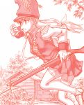  1girl absurdres antique_firearm bayonet boots bush epaulettes firearm firelock foliage gun hat highres holding holding_gun holding_weapon kageng long_hair military military_hat military_uniform musket original outdoors plant powder running shack soldier solo thigh_boots thighhighs tree uniform weapon 