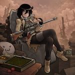  1girl black_hair crossover eating fallout food green_eyes gun highres kuroki_tomoko noir_holic rifle solo watashi_ga_motenai_no_wa_dou_kangaetemo_omaera_ga_warui! weapon 