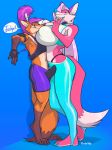  anthro big_breasts breast_squish breasts canid canine clothed clothing collar crackiepipe duo erection erection_under_clothes female fox girly hi_res huge_breasts male male/female mammal nipple_outline smile standing tight_clothing water_bottle 
