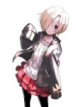  1girl black_legwear blonde_hair choker cowboy_shot earrings greatpengh hair_over_one_eye hood hooded_jacket idolmaster idolmaster_cinderella_girls jacket jewelry keychain looking_at_viewer open_clothes open_jacket red_eyes shirasaka_koume short_hair simple_background skirt sleeves_past_fingers sleeves_past_wrists smile solo sweater white_background 