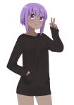  1girl bangs black_shirt breasts collarbone cowboy_shot dark_skin eyebrows_visible_through_hair fate/prototype fate/prototype:_fragments_of_blue_and_silver fate_(series) hair_between_eyes hand_in_hair hand_up hassan_of_serenity_(fate) i.u.y long_sleeves purple_eyes purple_hair shirt sidelocks sleeves_past_wrists small_breasts solo v 
