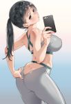  1girl ass bangs bare_arms bare_shoulders black_hair blush breasts brown_eyes butt_crack cellphone commentary_request dimples_of_venus erect_nipples fingernails gradient gradient_background hand_on_own_ass highres holding karasuma_yayoi large_breasts lips long_hair looking_at_viewer looking_back midriff original pants parted_lips phone shiny shiny_clothes shiny_hair shiny_skin simple_background skin_tight solo spandex tank_top 