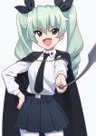  1girl :d anchovy anzio_school_uniform bangs belt black_belt black_cape black_neckwear black_ribbon black_skirt brown_eyes cape commentary cowboy_shot dress_shirt drill_hair eyebrows_visible_through_hair fang foreshortening girls_und_panzer green_hair hair_ribbon hand_on_hip holding kamo_kamen long_hair long_sleeves looking_at_viewer miniskirt necktie open_mouth pantyhose pleated_skirt ribbon riding_crop school_uniform shirt simple_background skirt smile smirk solo standing twin_drills twintails white_background white_legwear white_shirt 